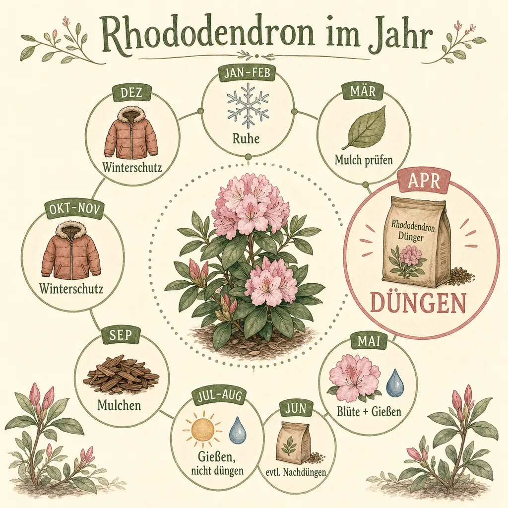 Jahreskalender-Infografik: Was du wann für den Rhododendron tust — Düngen im April, Mulchen im September, Ruhe im Winter
