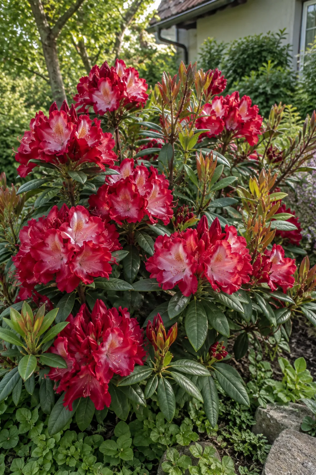 Breiter Rhododendronstrauch Mitte Juni mit großen blutroten Blüten, innen rosaweiß aufgehellt, an den Triebspitzen roter Neuaustrieb