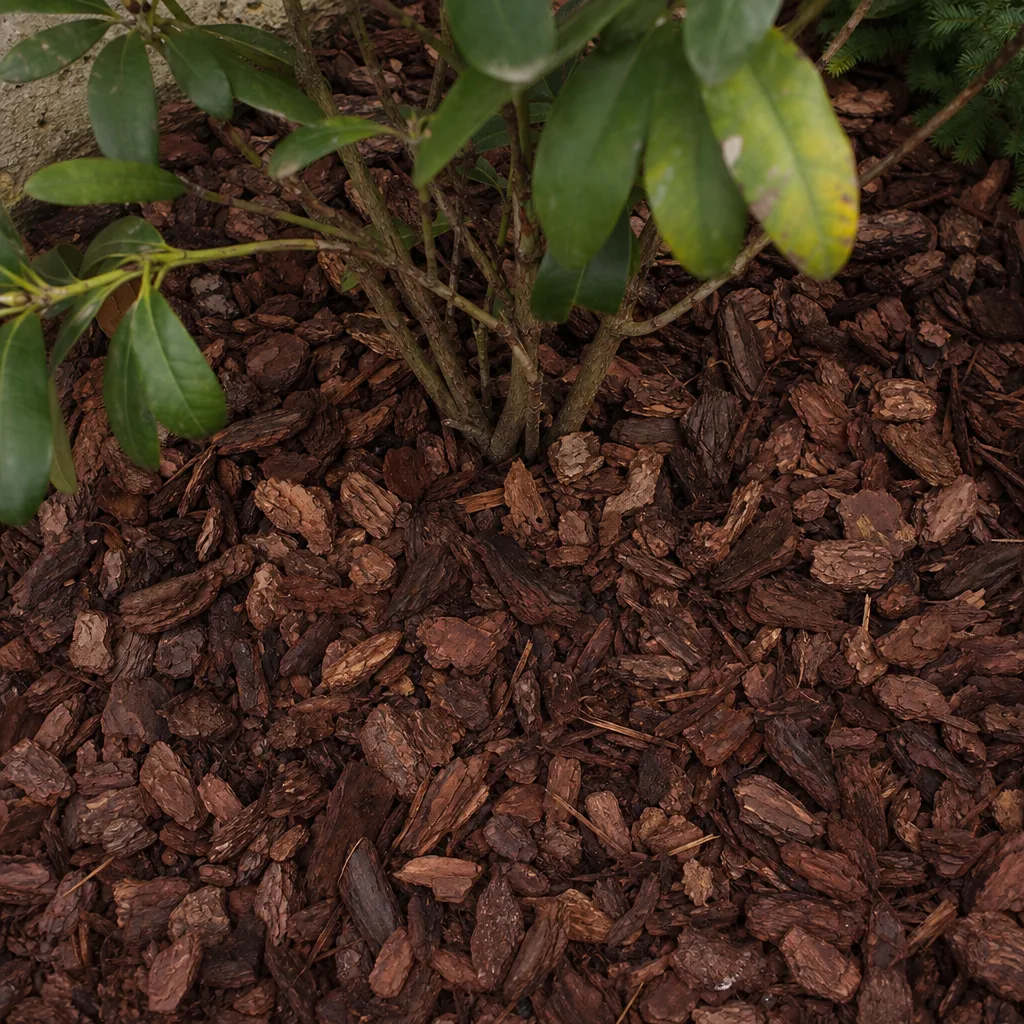Kiefernrinde als Mulchschicht rund um einen Rhododendron-Strauch