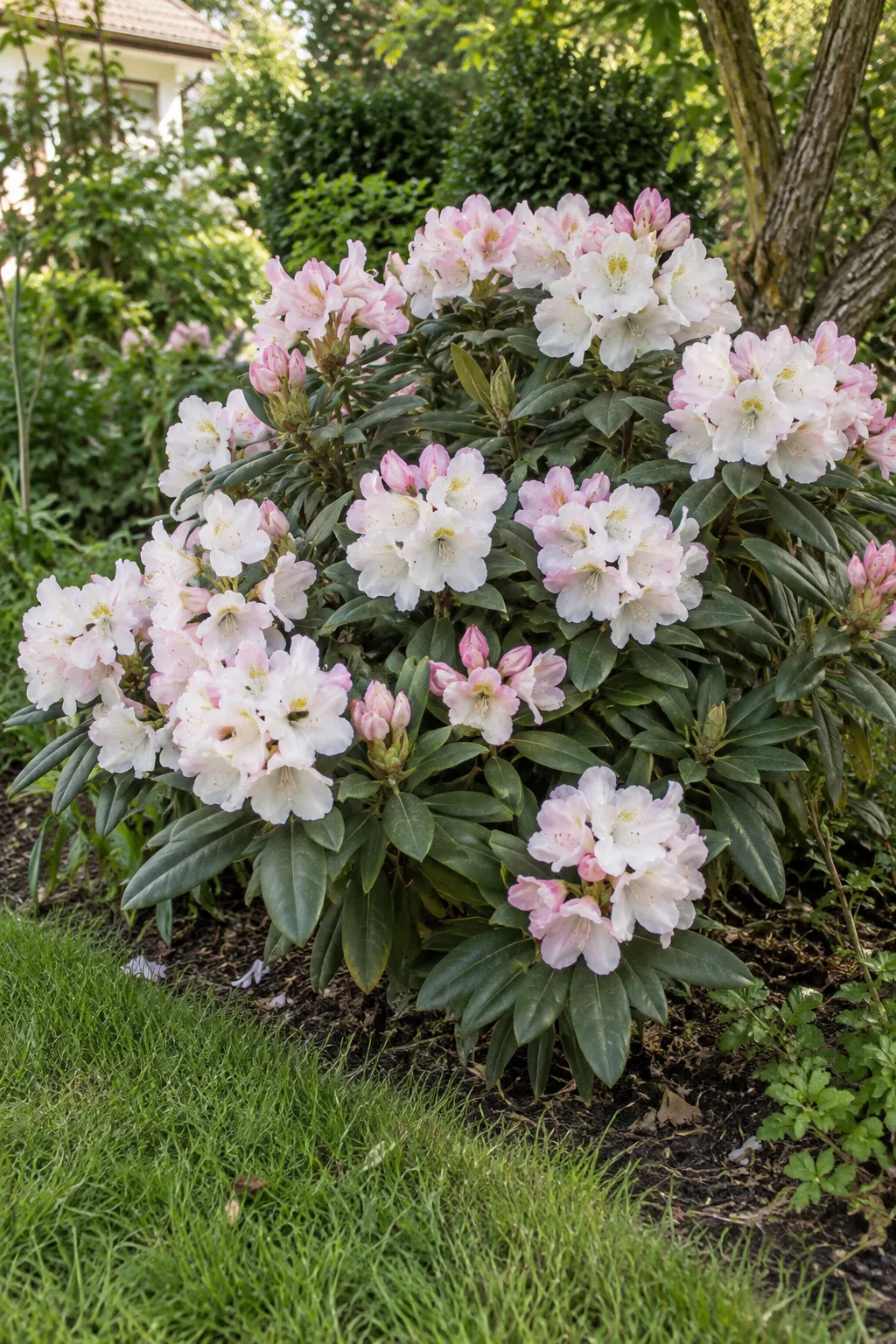 Runder, kompakter Rhododendron mit Blütenständen, die von zartem Hellrosa zu silbrigem Weiß verblassen, im Vordergrund eine Rasenkante
