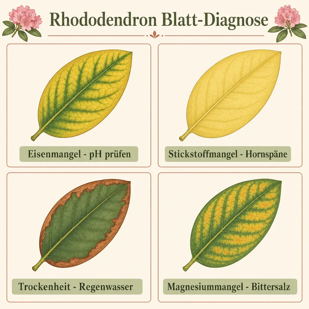 Cheatsheet-Infografik zur Rhododendron-Blatt-Diagnose: vier typische Blattbilder mit Symptom und Fix (Eisenmangel, Stickstoffmangel, Trockenheit, Magnesiummangel)