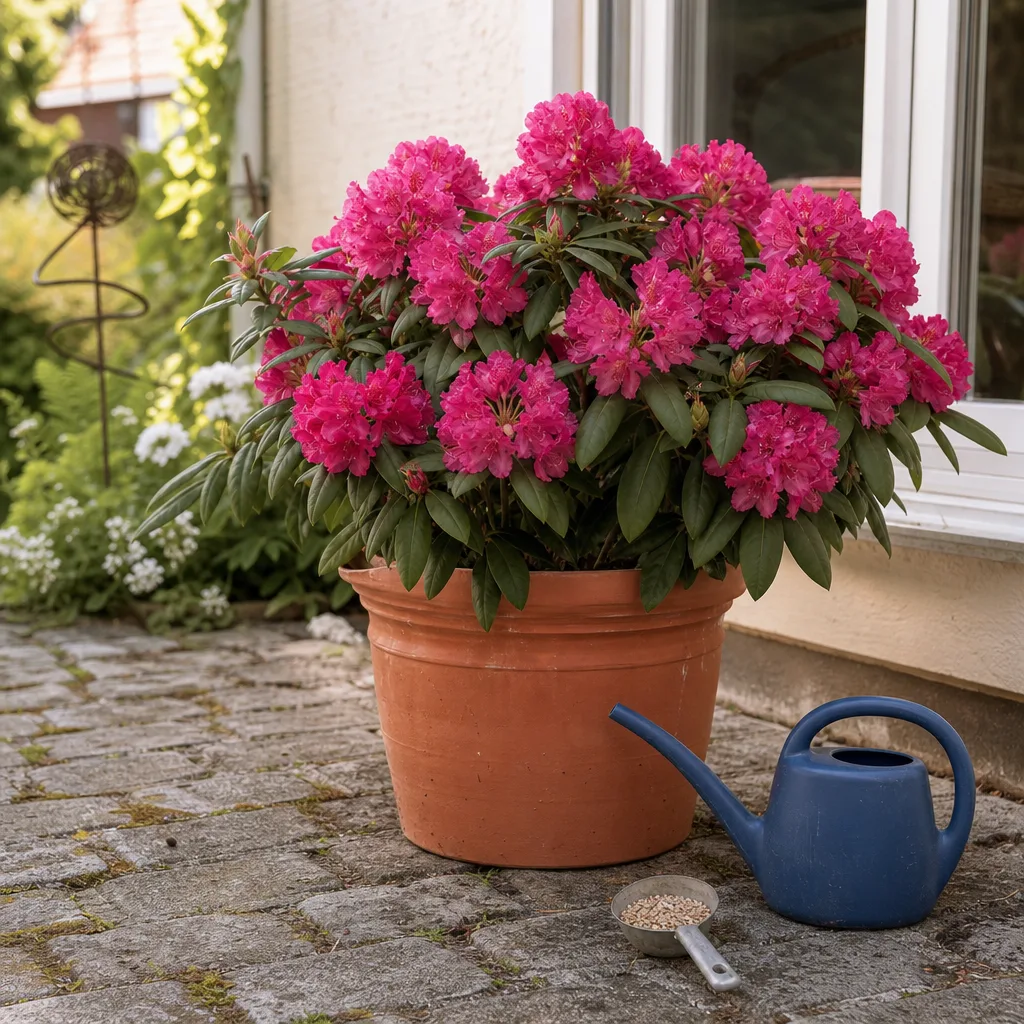 Rhododendron in großem Terrakotta-Topf mit Gießkanne und Dünger-Streuer daneben