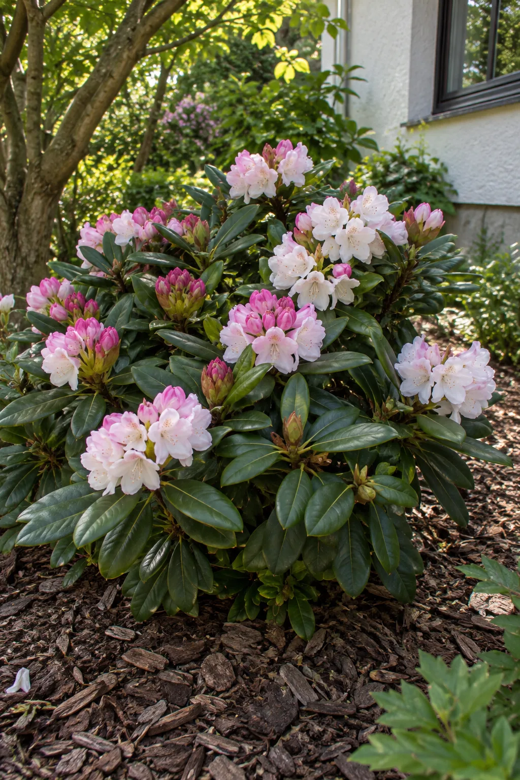 Kompakter, kuppelförmiger Rhododendron mit dicken, ledrigen Blättern und runden Blütenständen, die aus rosa Knospen weiß aufblühen