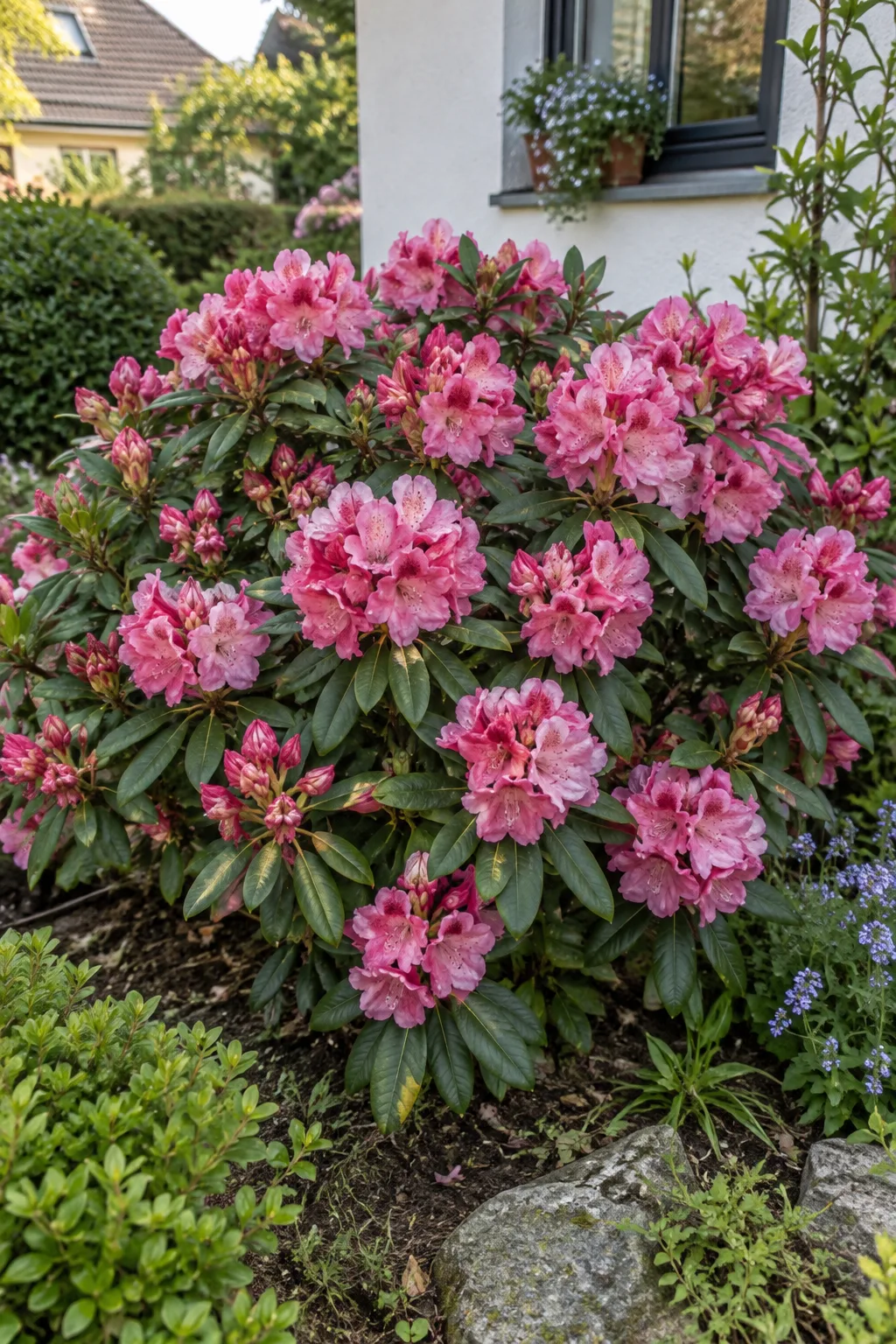 Gleichmäßig runder Rhododendronbusch, über und über mit hellroten bis rosa Blüten mit leicht gewelltem Rand besetzt, glänzend dunkelgrünes Laub