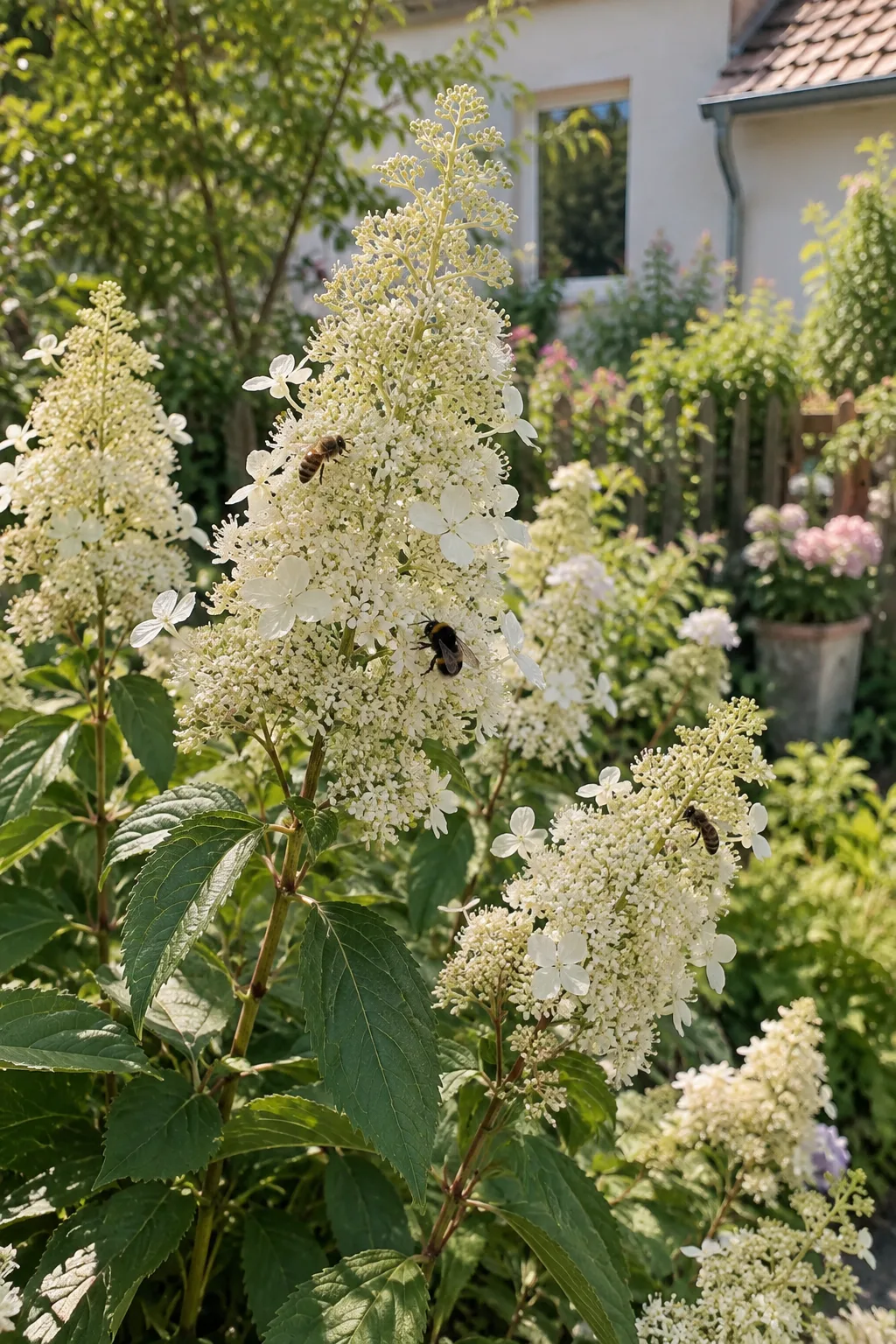 Hohe Rispenhortensie in der Sommersonne mit schmalen, lockeren cremeweißen Rispen, an denen Bienen sammeln