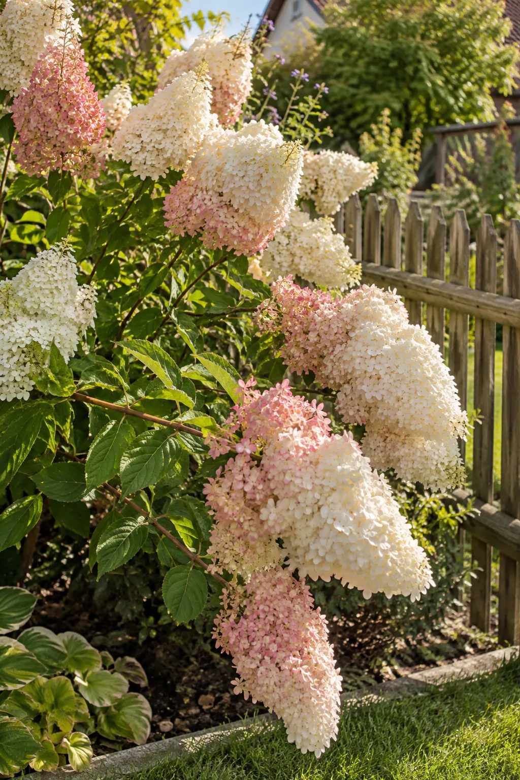 Breite Rispenhortensie an einem sonnigen Gartenzaun mit sehr großen, breiten weißen Rispen, die unten zartrosa werden