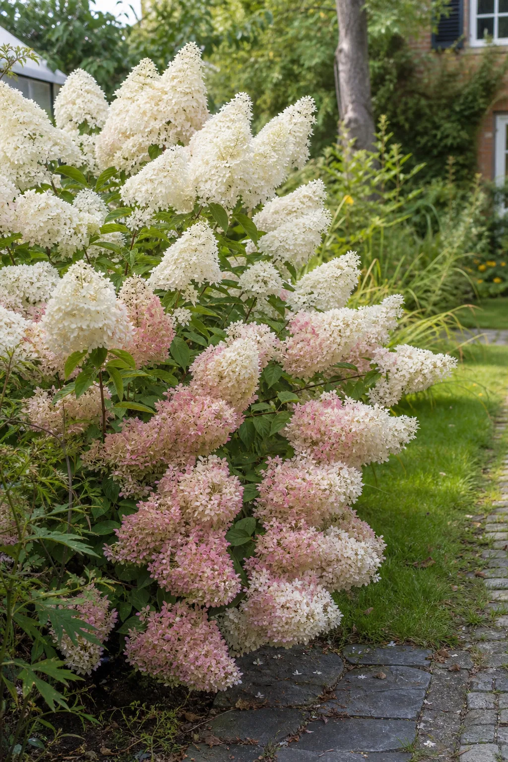 Breite Rispenhortensie mit sehr großen weißen Rispen, die sich von unten rosa färben, an einem Gartenweg
