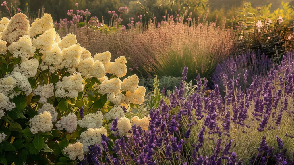 Blühender Garten bei Sonnenuntergang.