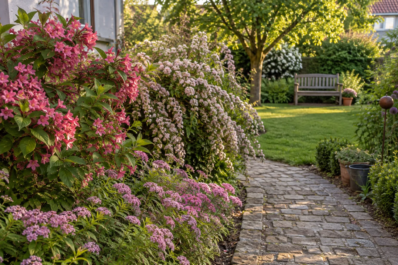 Gartenweg im Mai, gesäumt von rosa blühender Weigelie, Kolkwitzie mit überhängenden Zweigen und einer niedrigen rosa Zwergspiere, im Hintergrund eine Holzbank