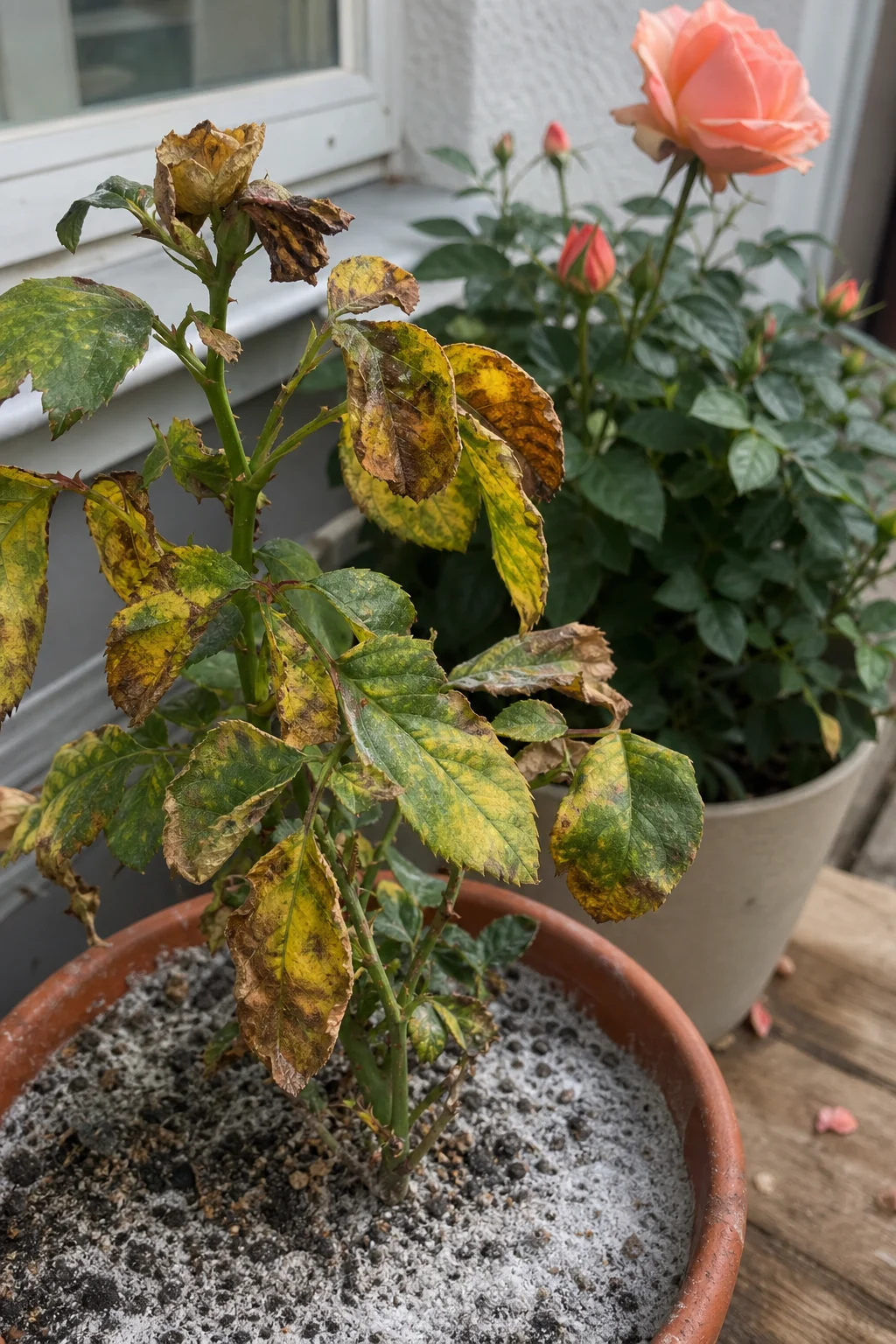 Rosen-Trieb mit überdosierten Düngeschäden — gelbe Blätter mit braun-trockenen Rändern, dazu Salzkruste auf der Erde, im Hintergrund eine gesunde Rose zum Vergleich.