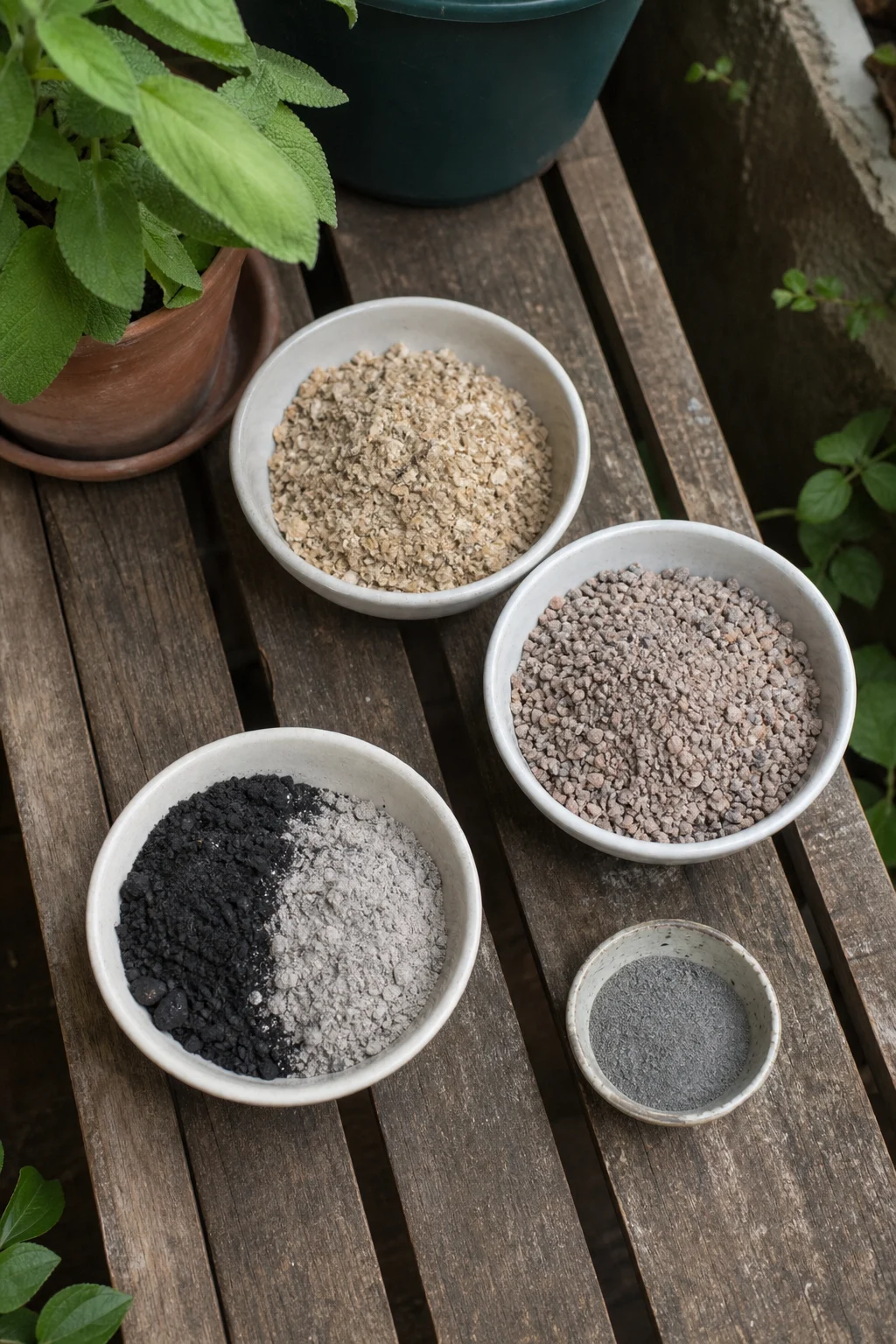Drei Holzschalen mit Hornspänen, Rohphosphat und Kaliumsulfat-Asche stehen mit N-, P-, K-Schildern auf einer Holzbank, daneben eine kleine Schale Urgesteinsmehl als Mikronährstoff.