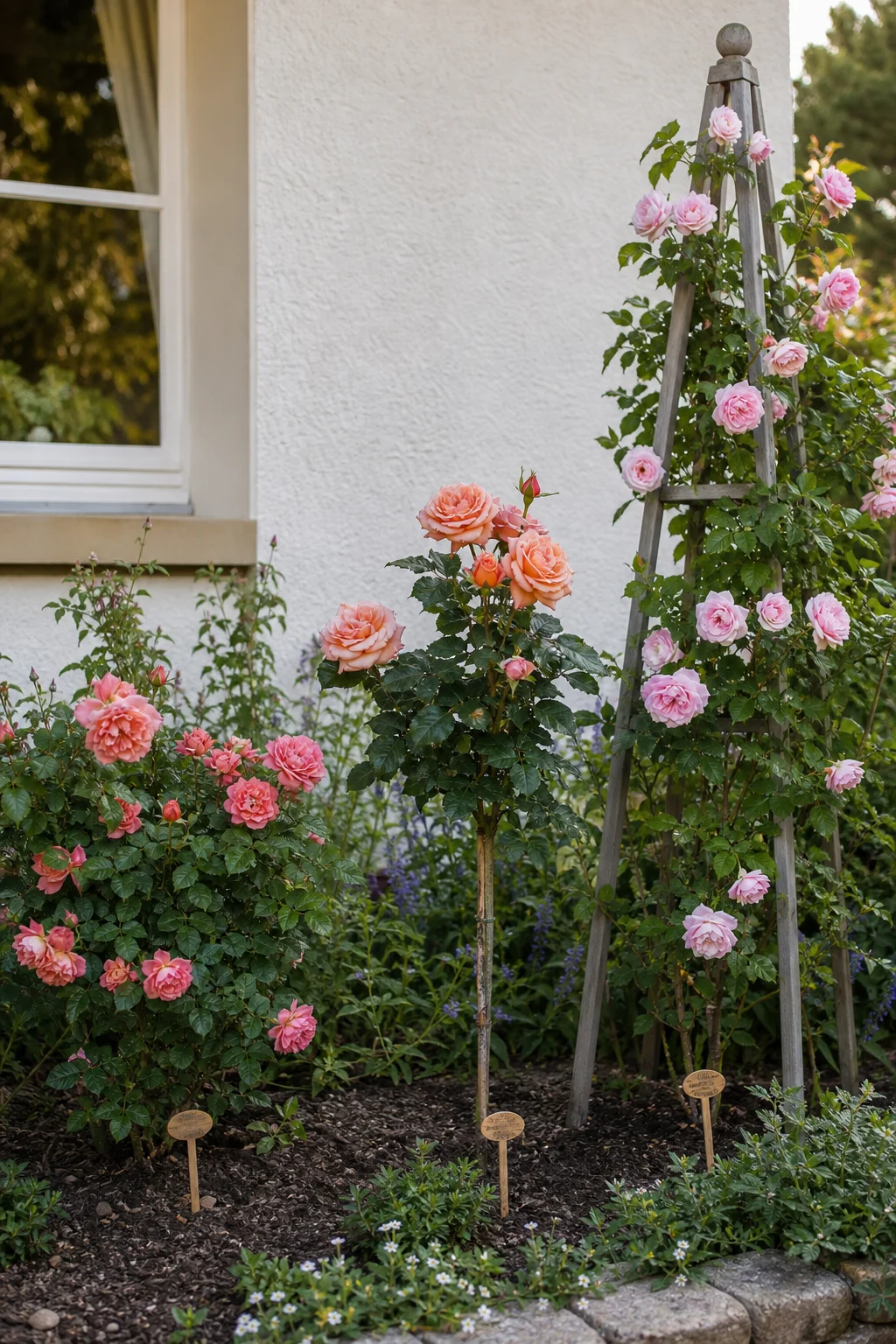 Drei Rosentypen nebeneinander im Beet — Strauchrose, Edelrose und Kletterrose am Holzobelisken — jeweils mit kleinem Holz-Pflanzschild beschriftet.