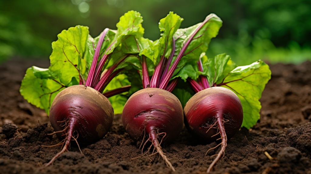 Frische Rote Bete im Gartenboden.