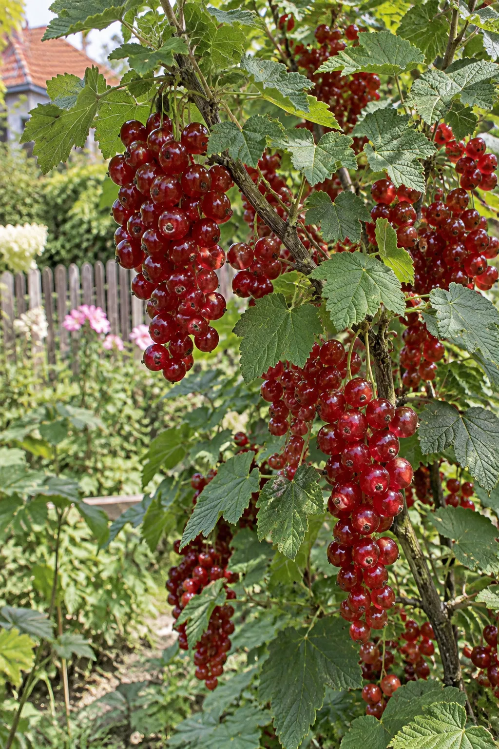Strauchzweig einer Roten Johannisbeere mit langen Trauben großer, dunkelroter Beeren an langen Stielen, sattgrünes, dreilappiges Laub