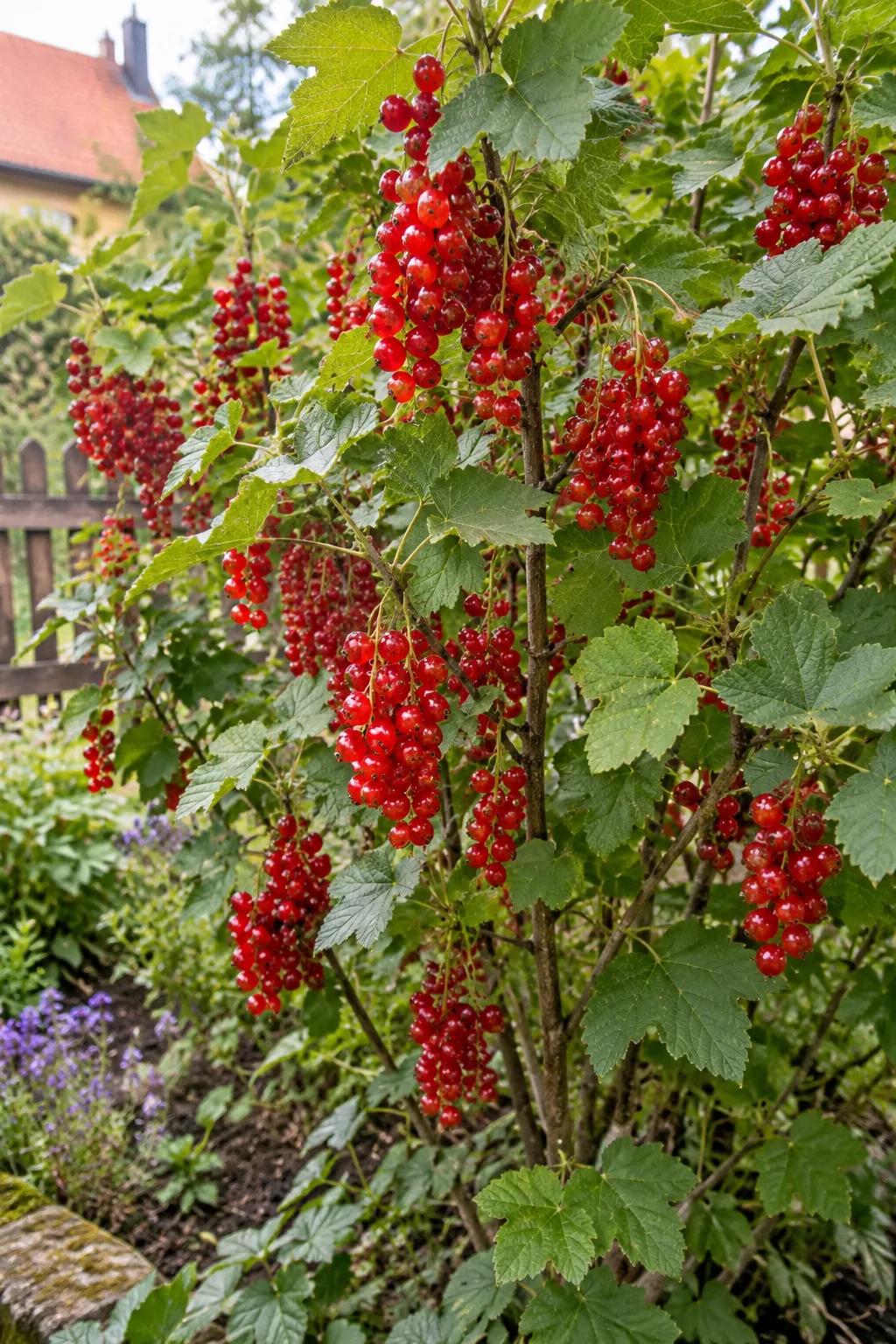 Rote Johannisbeere mit lockerem, etwas breitem Wuchs, daran lange Trauben großer, mittelroter Beeren im Frühsommer