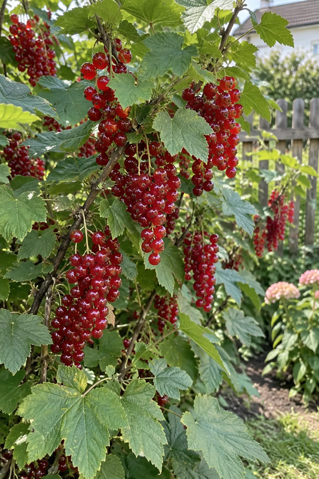 Kräftiger Busch einer Roten Johannisbeere mit langen, lockeren Trauben großer, dunkelroter, saftig glänzender Beeren im Juni