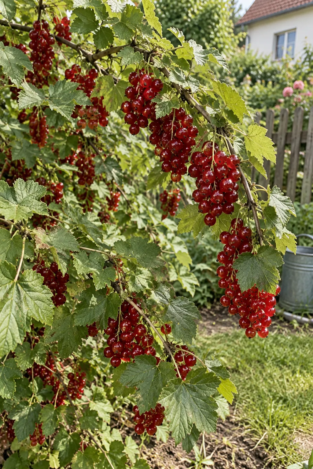 Buschiger Johannisbeerstrauch mit leicht zum Boden geneigten Fruchtästen, daran Trauben glänzender, dunkelroter Beeren