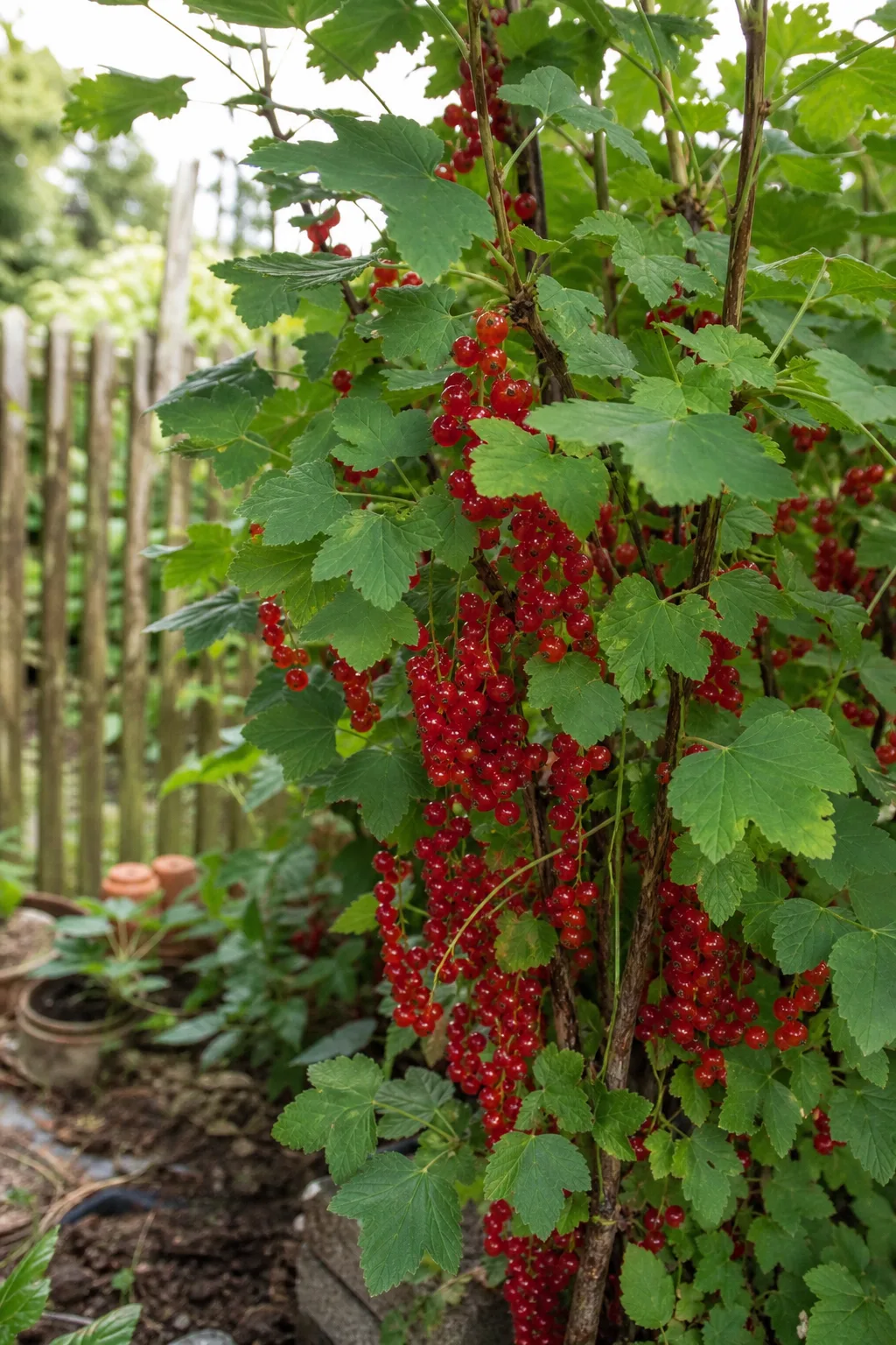 Johannisbeerstrauch mit langen, hängenden Rispen glänzend roter Beeren zwischen gelappten Blättern