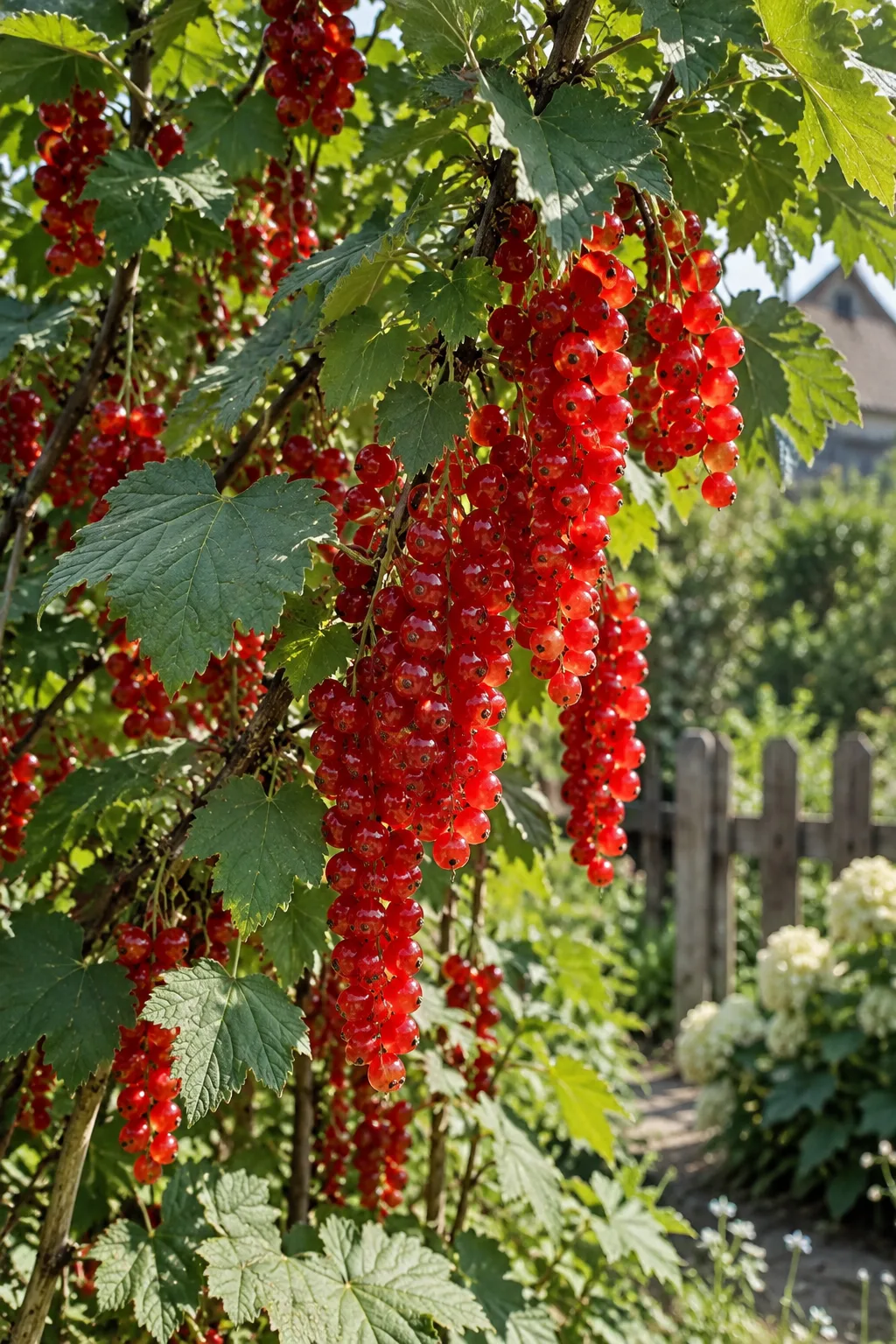 Johannisbeerstrauch im Hochsommer mit sehr langen, dicht besetzten Trauben hellroter, mittelgroßer Beeren unter dunkelgrünem Laub