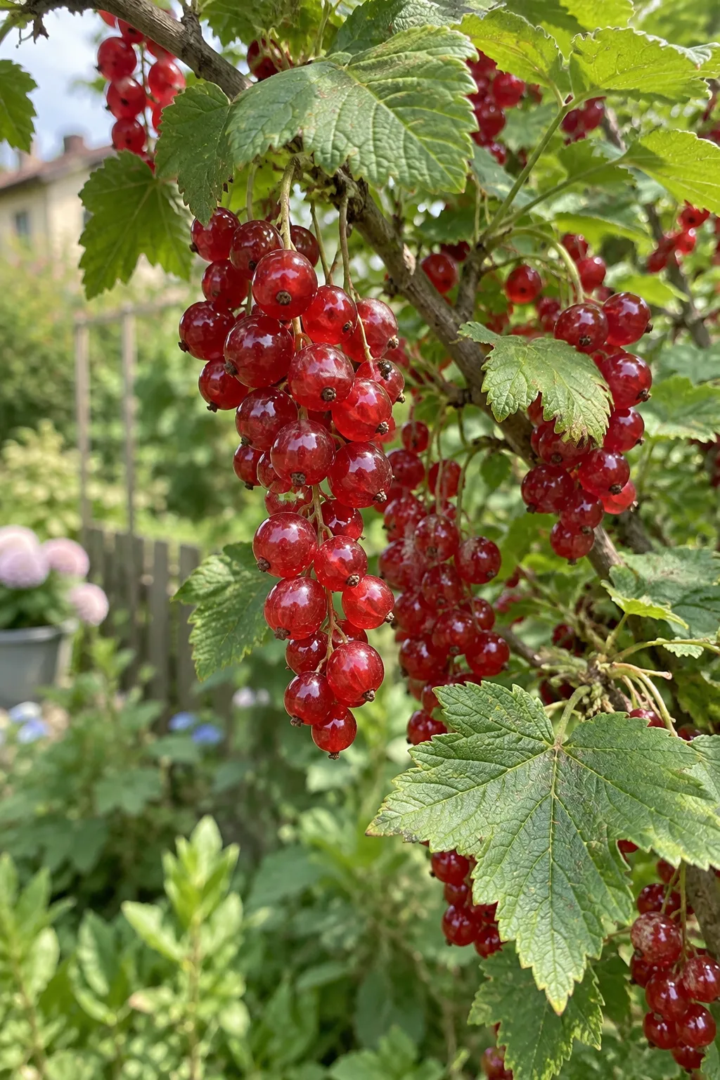 Johannisbeerzweig mit mittellangen Trauben glänzender, dunkelroter, leicht birnenförmiger Beeren