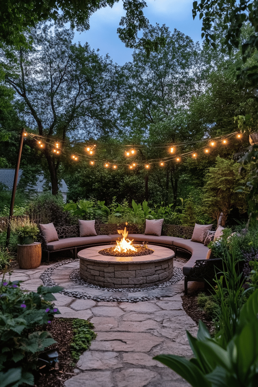 Runde Sitzecke mit Feuerstelle im Garten, umgeben von Lichterketten und Bäumen.