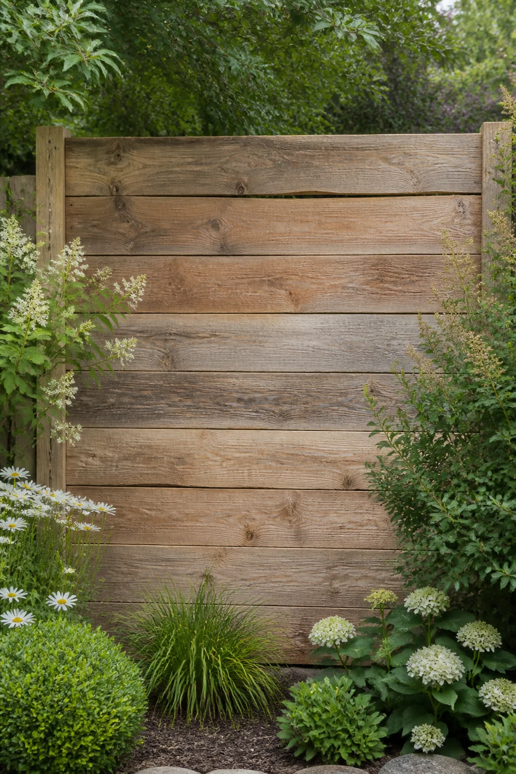 Rustikale Sichtschutzwand aus naturbelassenen Holzplanken im Garten