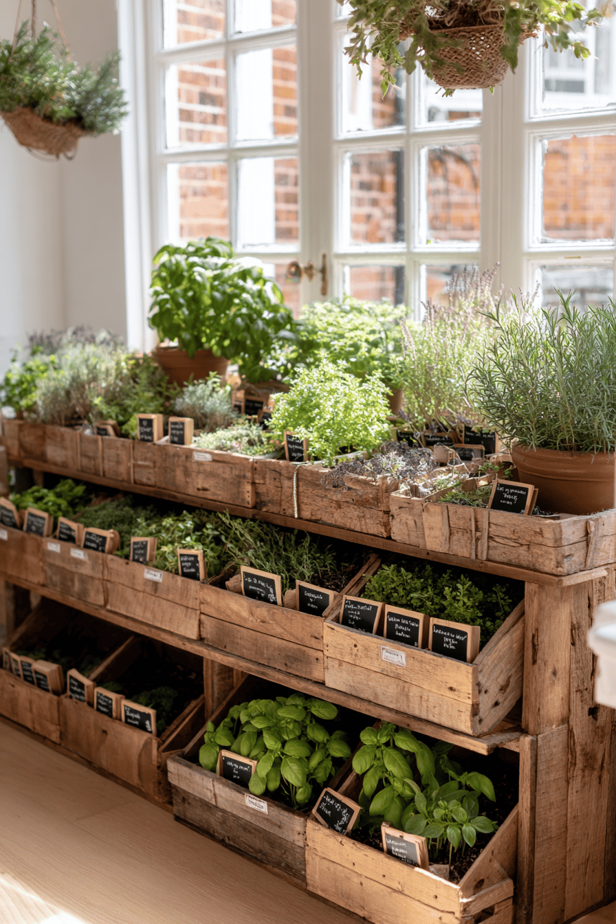 Ein Kräutergarten aus recyceltem Holz in Kisten unter einem Fenster.