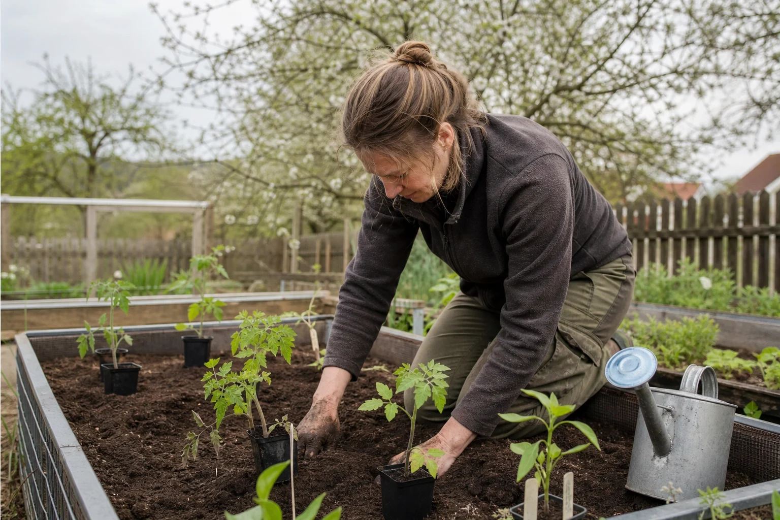 Gärtnerin pflanzt vorgezogene Tomaten- und Paprikajungpflanzen aus schwarzen Töpfen in ein Hochbeet, Gießkanne und Pflanzschilder daneben.
