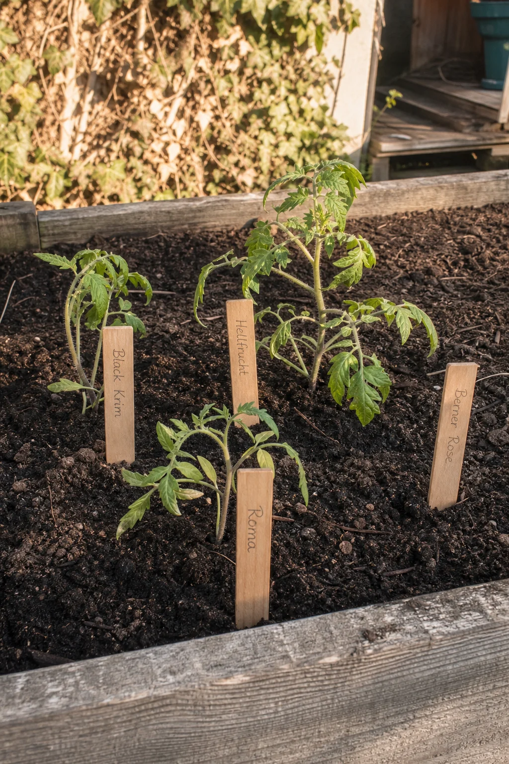 Holz-Pflanzschilder mit Bleistift beschriftet stecken neben vier frisch gepflanzten Tomatensämlingen im Hochbeet.