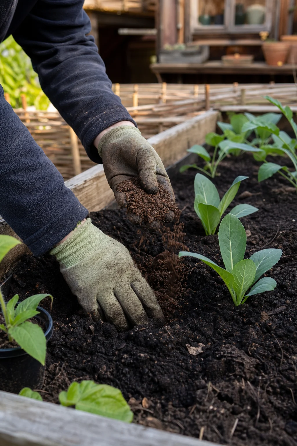 Hände mit Handschuhen mischen Kompost und eine Handvoll Wurmhumus ins Pflanzloch eines Hochbeets, dunkle krümelige Erde.