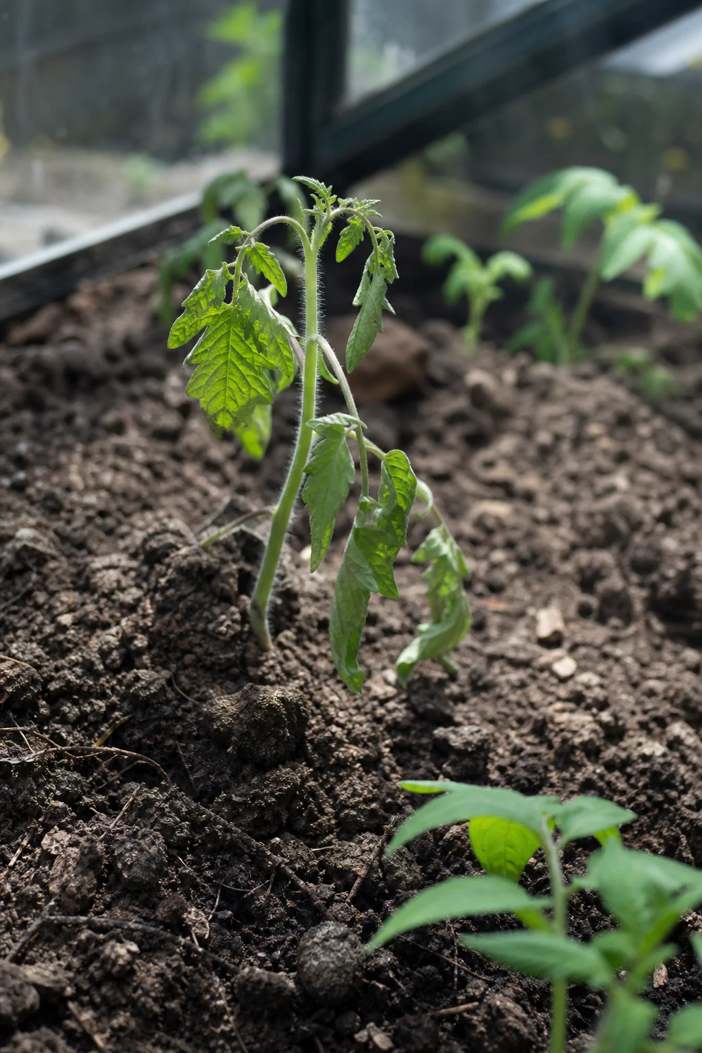 Junge Tomatenpflanze nach dem Auspflanzen mit schlaffen, leicht gerollten Blättern in dunkler Gartenerde.