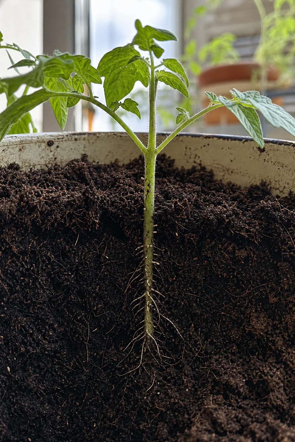 Querschnittansicht eines Tomatensämlings, der bis zu den ersten Blättern in dunkler Gartenerde versenkt wird, feine Wurzeln am vergrabenen Stiel.