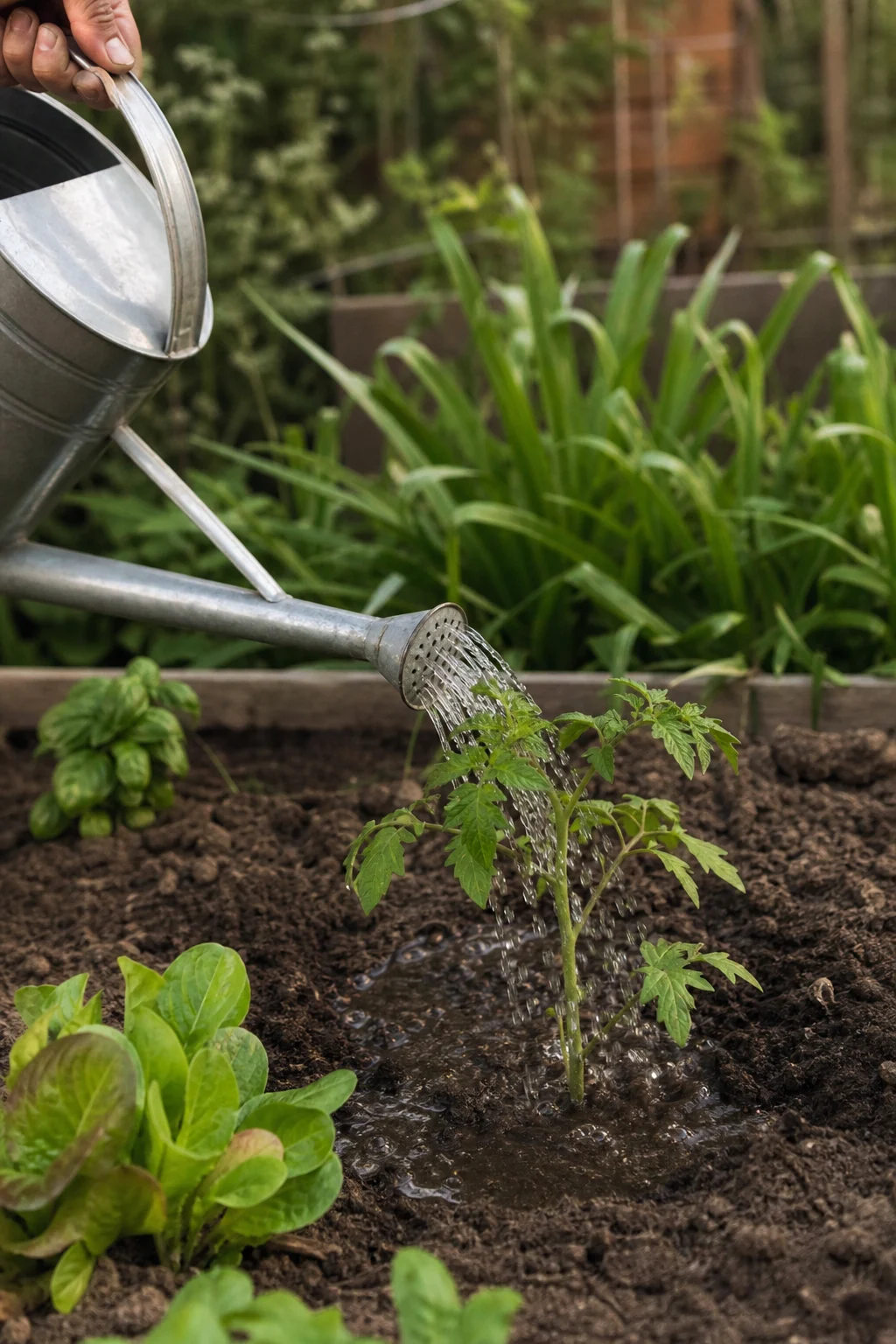 Wasser aus einer Metall-Gießkanne fließt sanft in die Pflanzmulde um einen frisch gesetzten Tomatensämling, die Erde dunkelt nach.