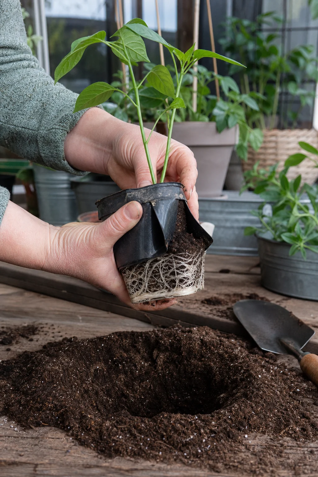 Zwei Hände drücken einen Plastiktopf, eine junge Paprikapflanze gleitet mit gesundem weißen Wurzelballen heraus.