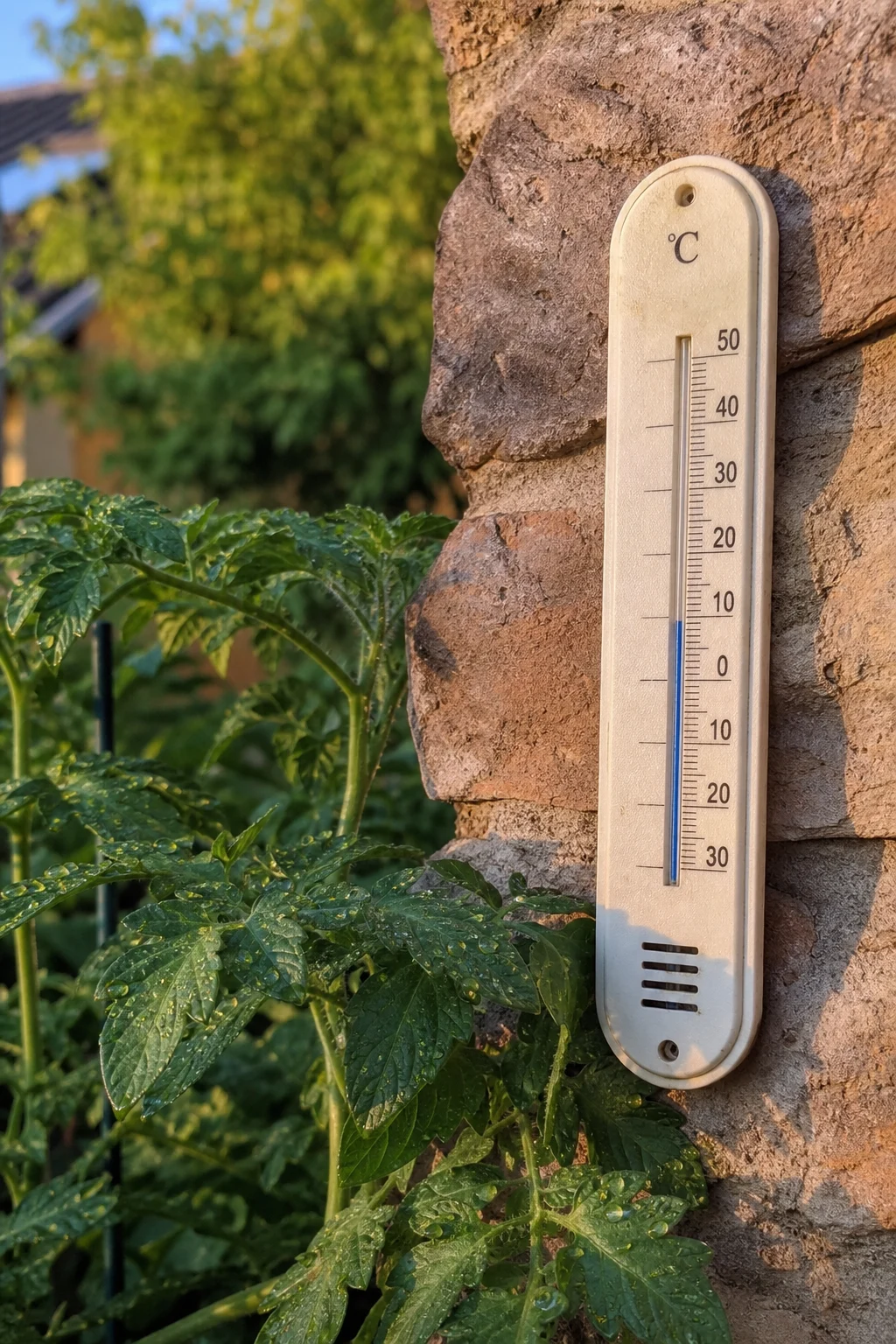 Außenthermometer an einer Steinmauer zeigt 11 Grad am frühen Abend im Mai, daneben eine junge Tomatenpflanze mit Tau auf den Blättern.