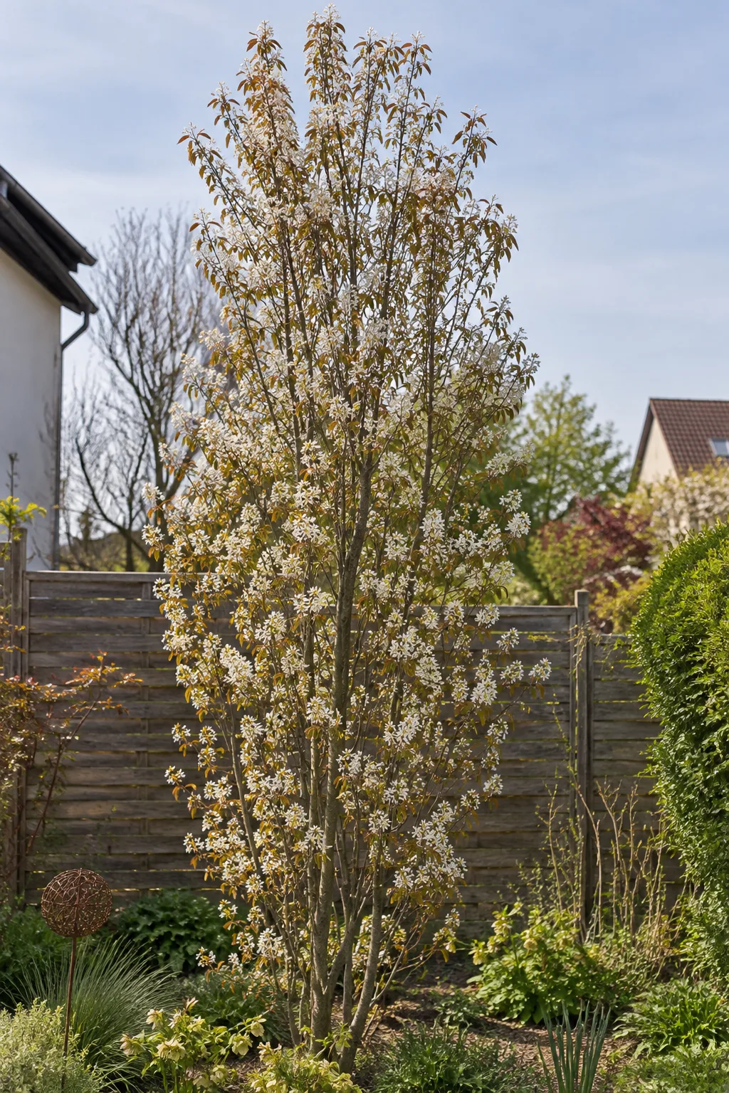 Schmale, säulenförmige Felsenbirne im April, über und über mit weißen, sternförmigen Blüten bedeckt, vor einem Holzzaun