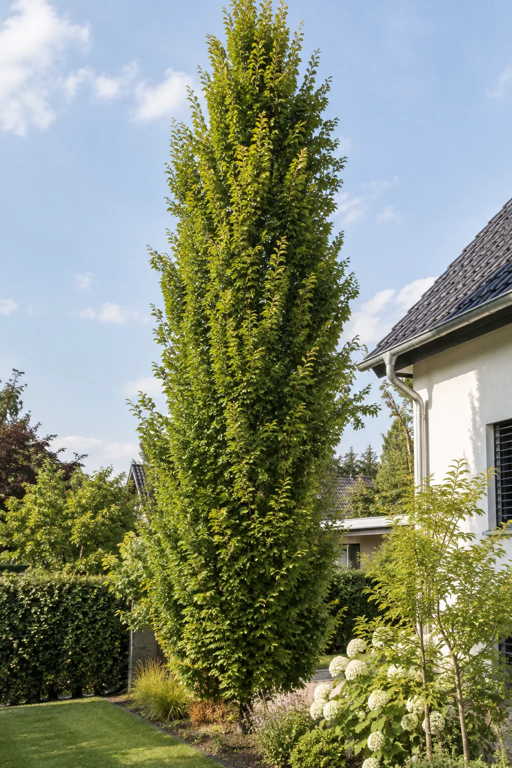 Schmal-aufrechter Hainbuchenbaum mit dichter, säulenförmiger Krone und frisch-grünem, gefälteltem Laub an einer Grundstücksgrenze