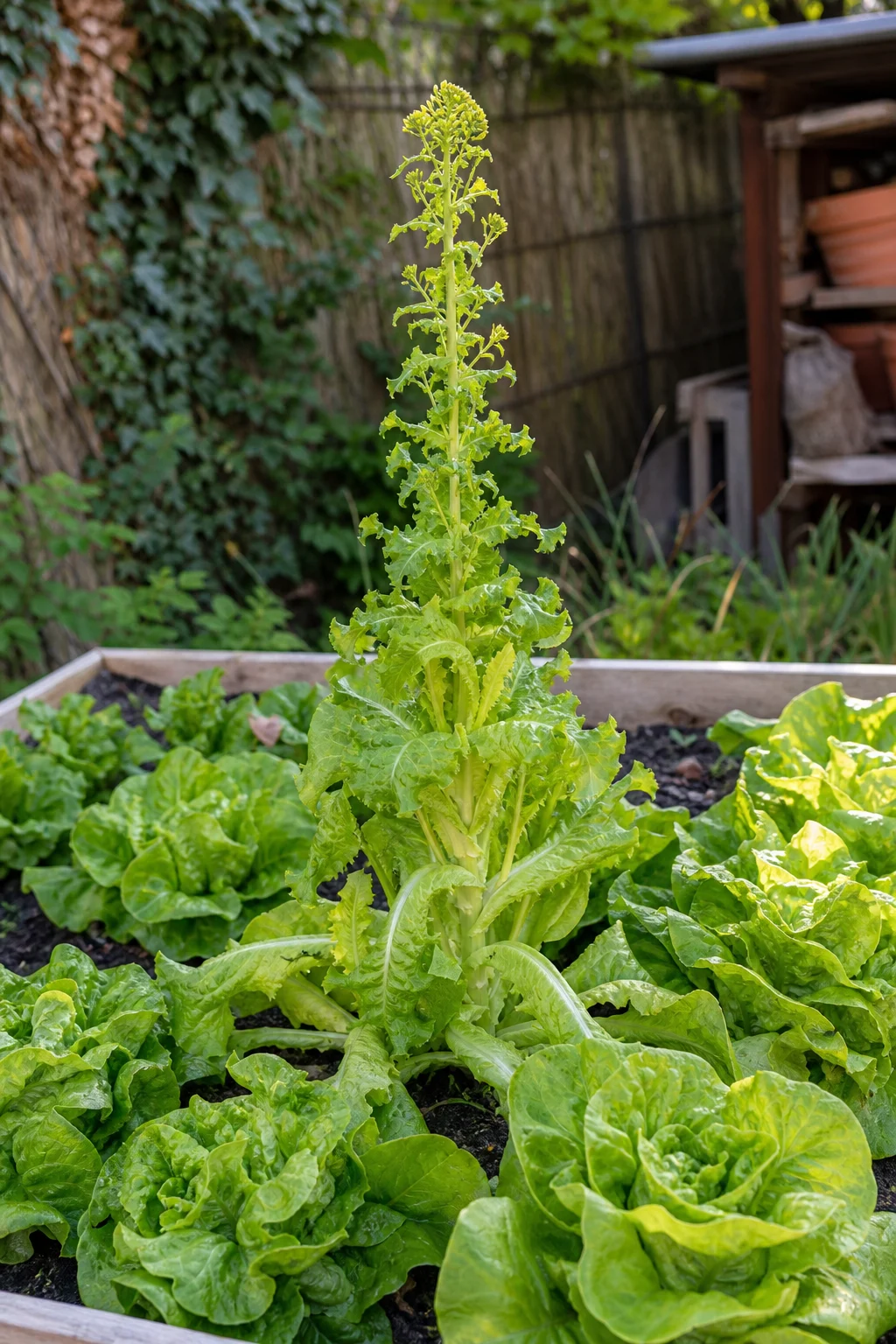 Geschossener Salat mit hohem zentralem Blütentrieb über der Rosette, daneben ein nicht geschossener Salat zum Vergleich.