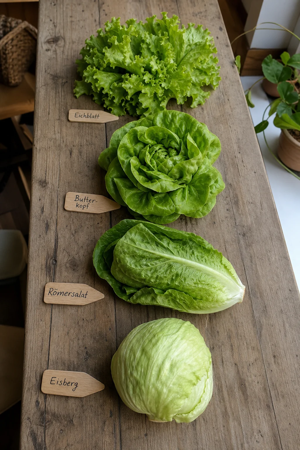 Vier verschiedene Salate auf einem Holztisch: Pflücksalat mit Eichenblatt-Form, Butterkopf, Romana und Eissalat, jeweils mit Holzschildchen.
