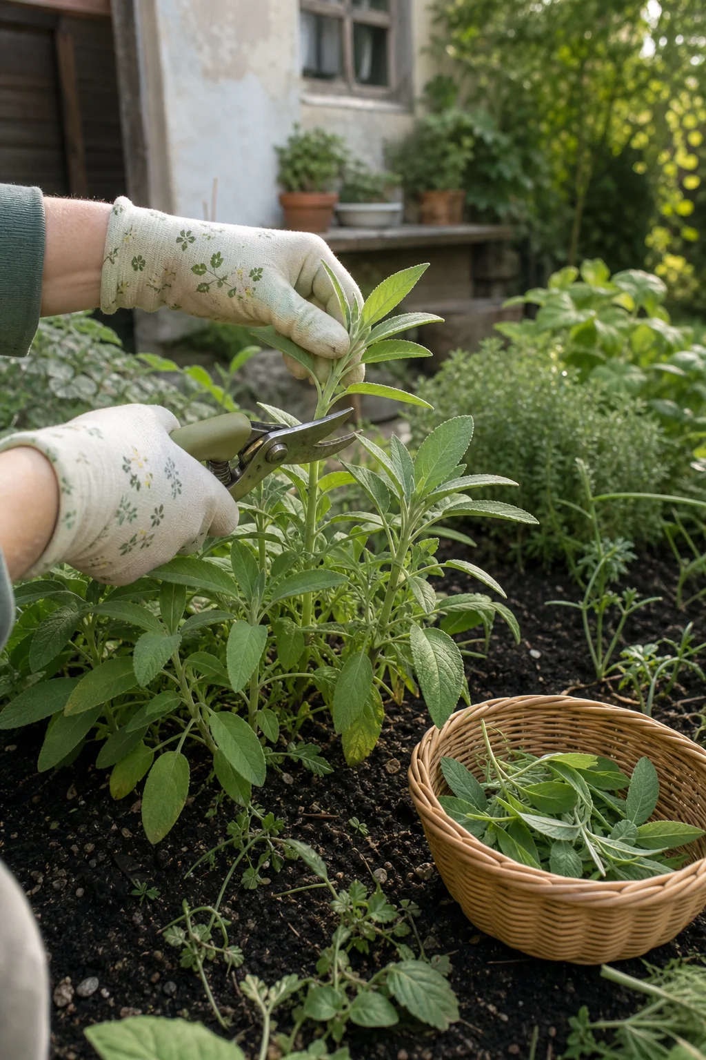 Behandschuhte Hände schneiden mit einer Gartenschere das obere Drittel einer jungen Salbeipflanze über einem Blattpaar ab.