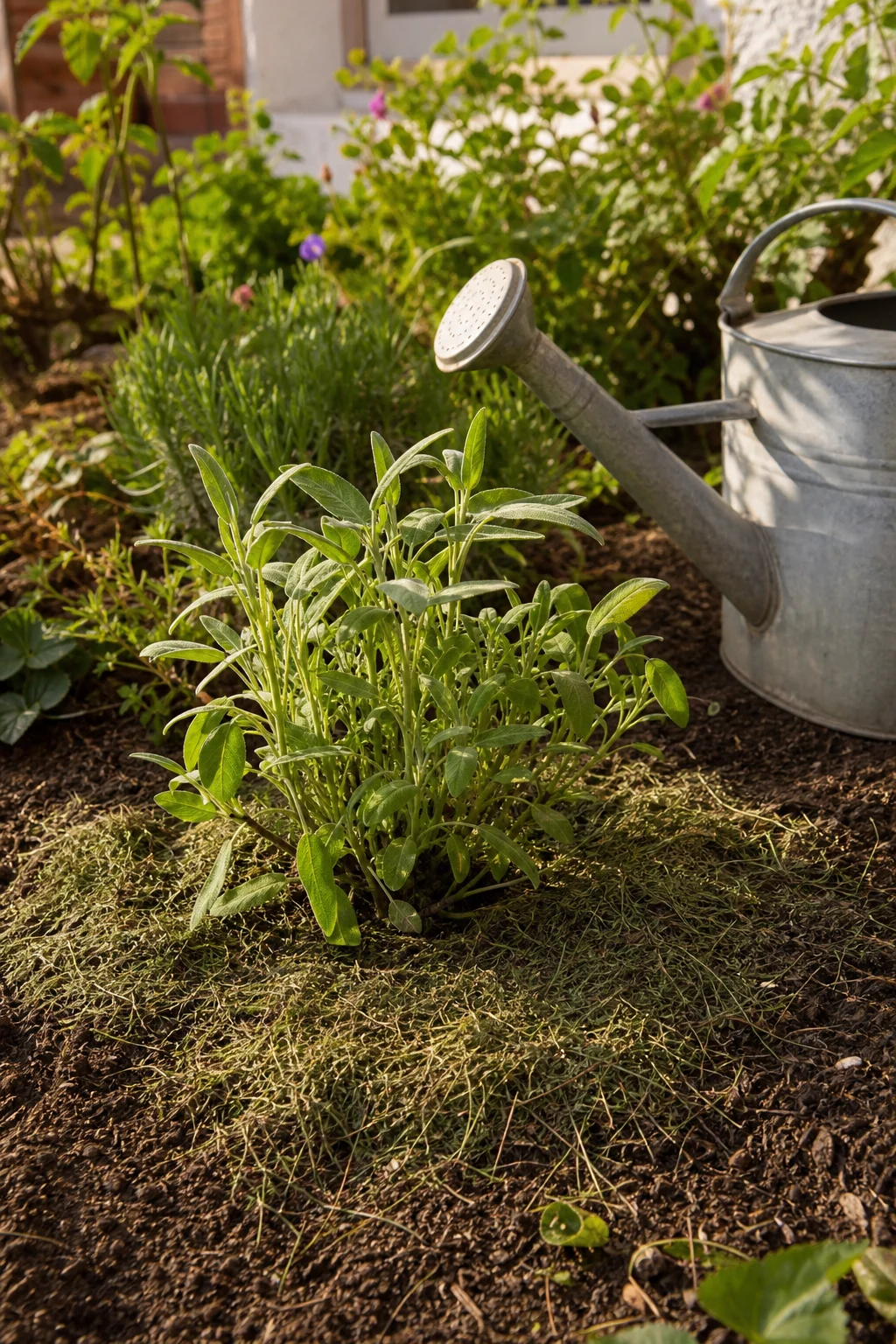 Frisch geschnittener Salbei mit einer dünnen Schicht Grasmulch um den Wurzelbereich, daneben eine Gießkanne.
