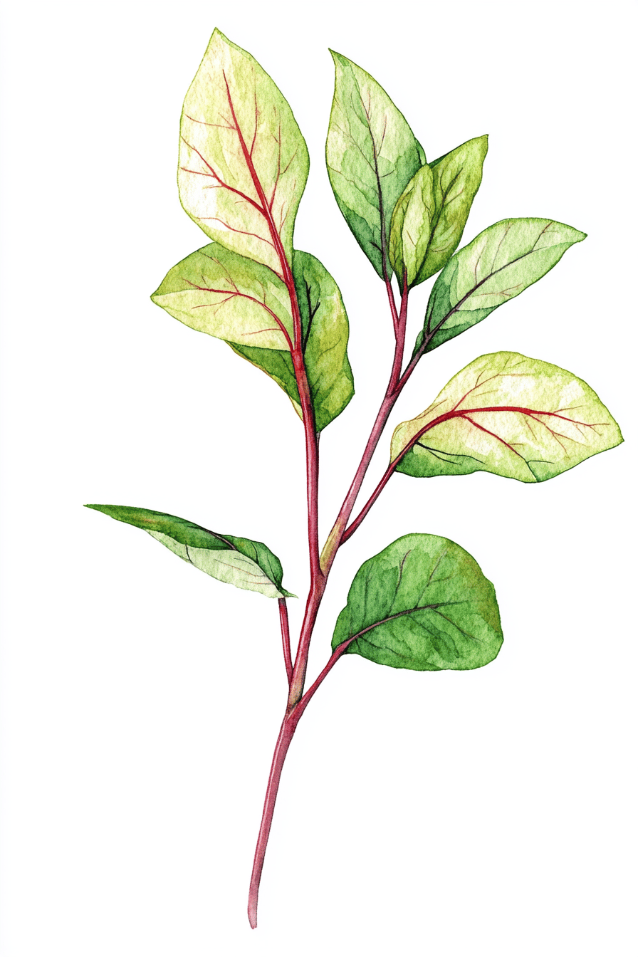 Illustration von Sauerampfer mit grünen Blättern und roten Stielen.