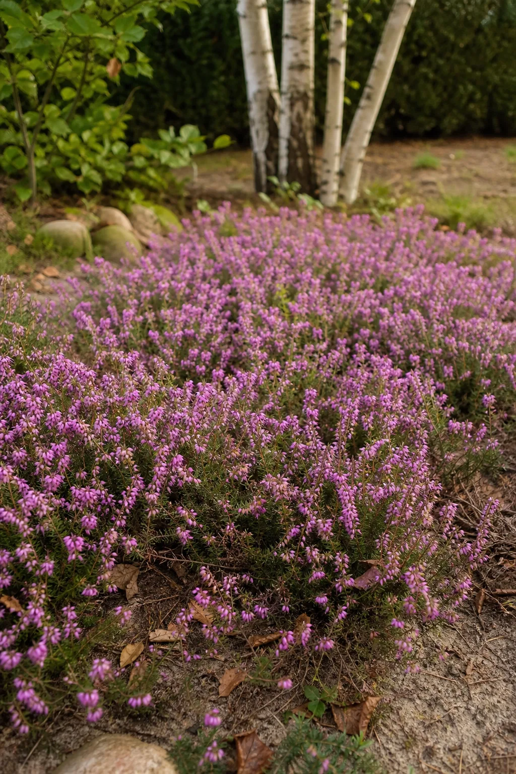 Violett blühender Besenheide-Teppich auf sandigem Boden