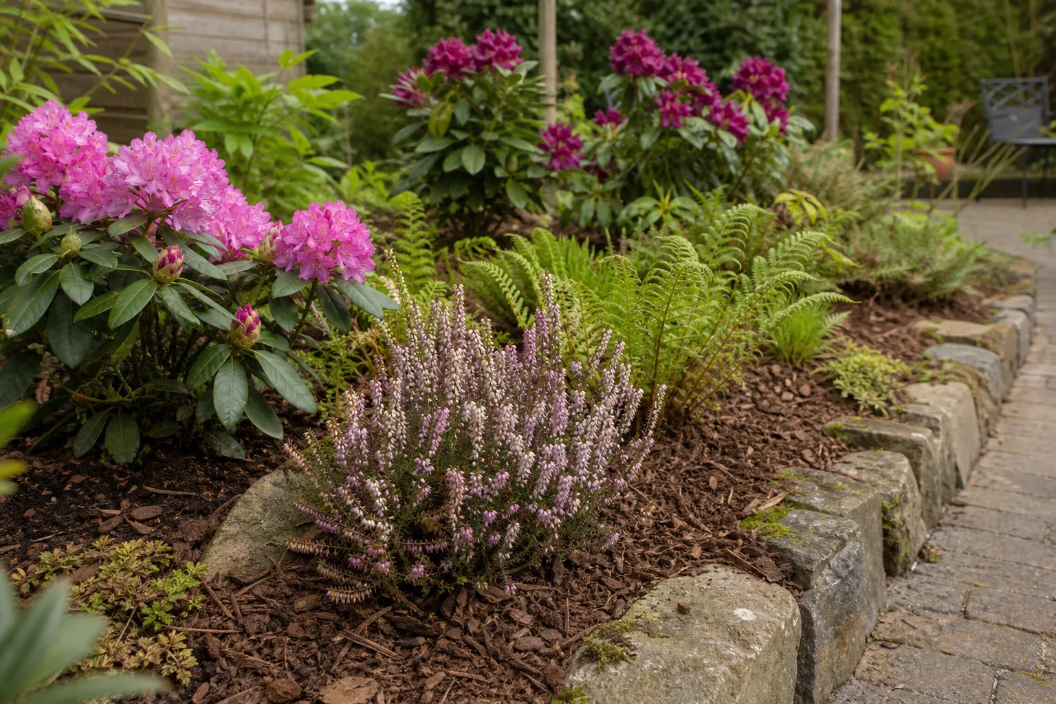 Moorbeet mit Rhododendron, Heide und Farnen auf Rindenmulch