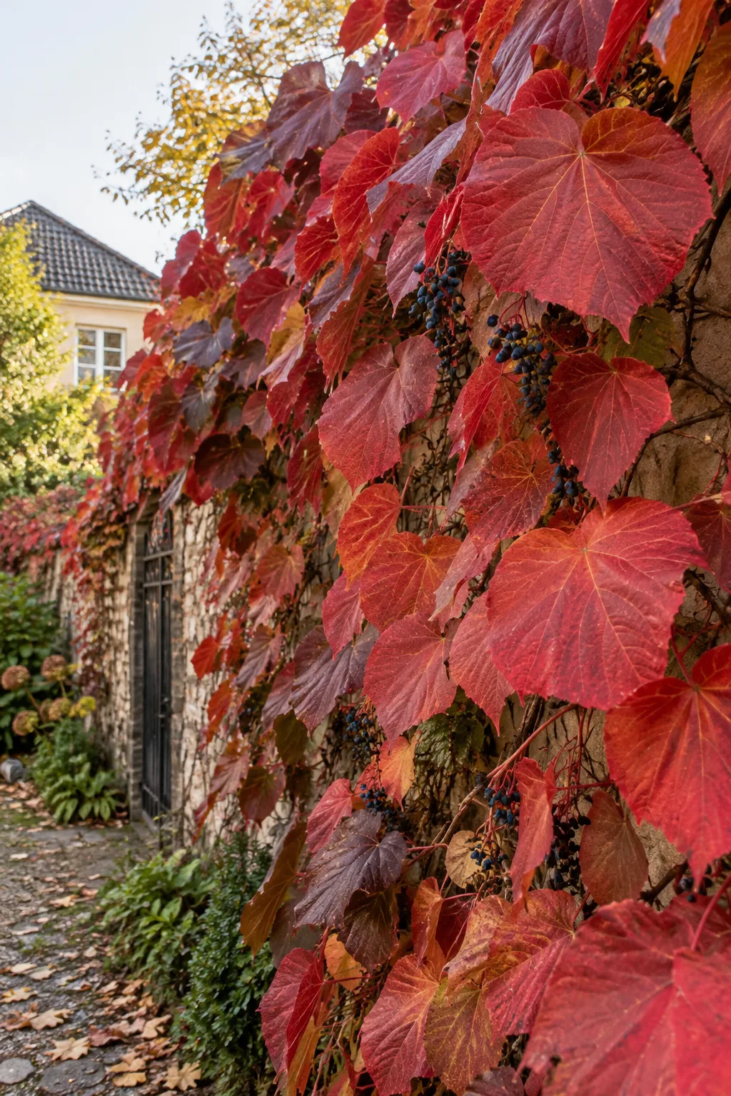 Gartenmauer, bedeckt mit den riesigen, rundlichen Blättern des Scharlachweins in leuchtendem Scharlachrot