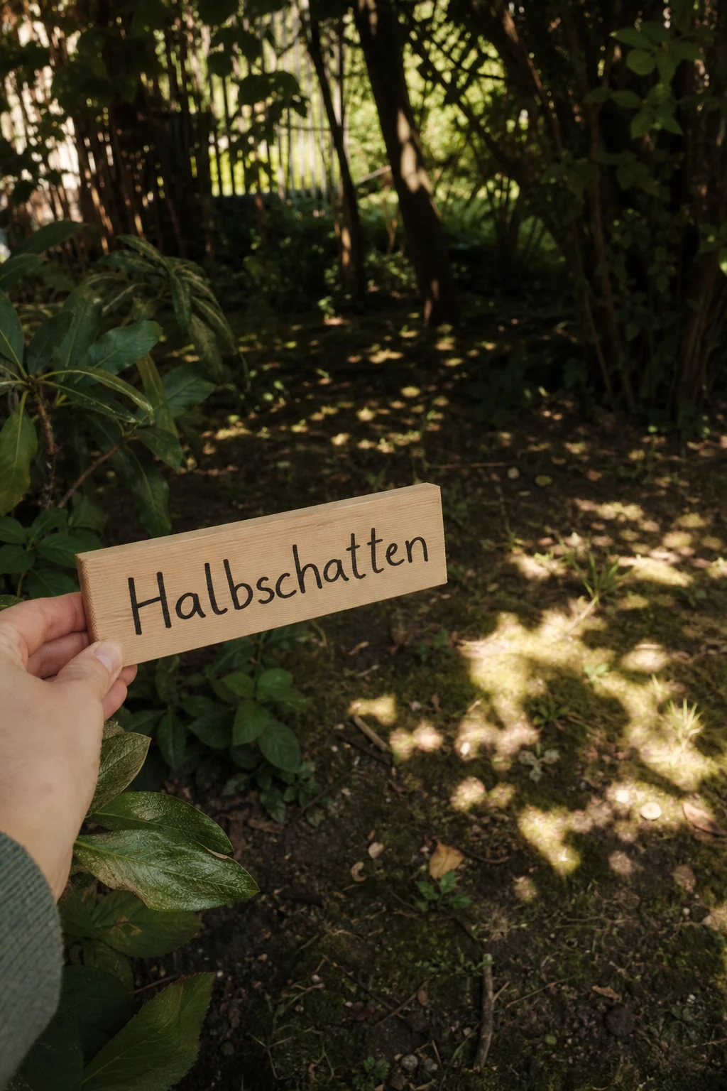Eine Hand hält ein kleines Holzschild mit der Aufschrift Halbschatten in eine Gartenlichtung, durch die Baumblätter über dem moosigen Boden Lichtflecken fallen.