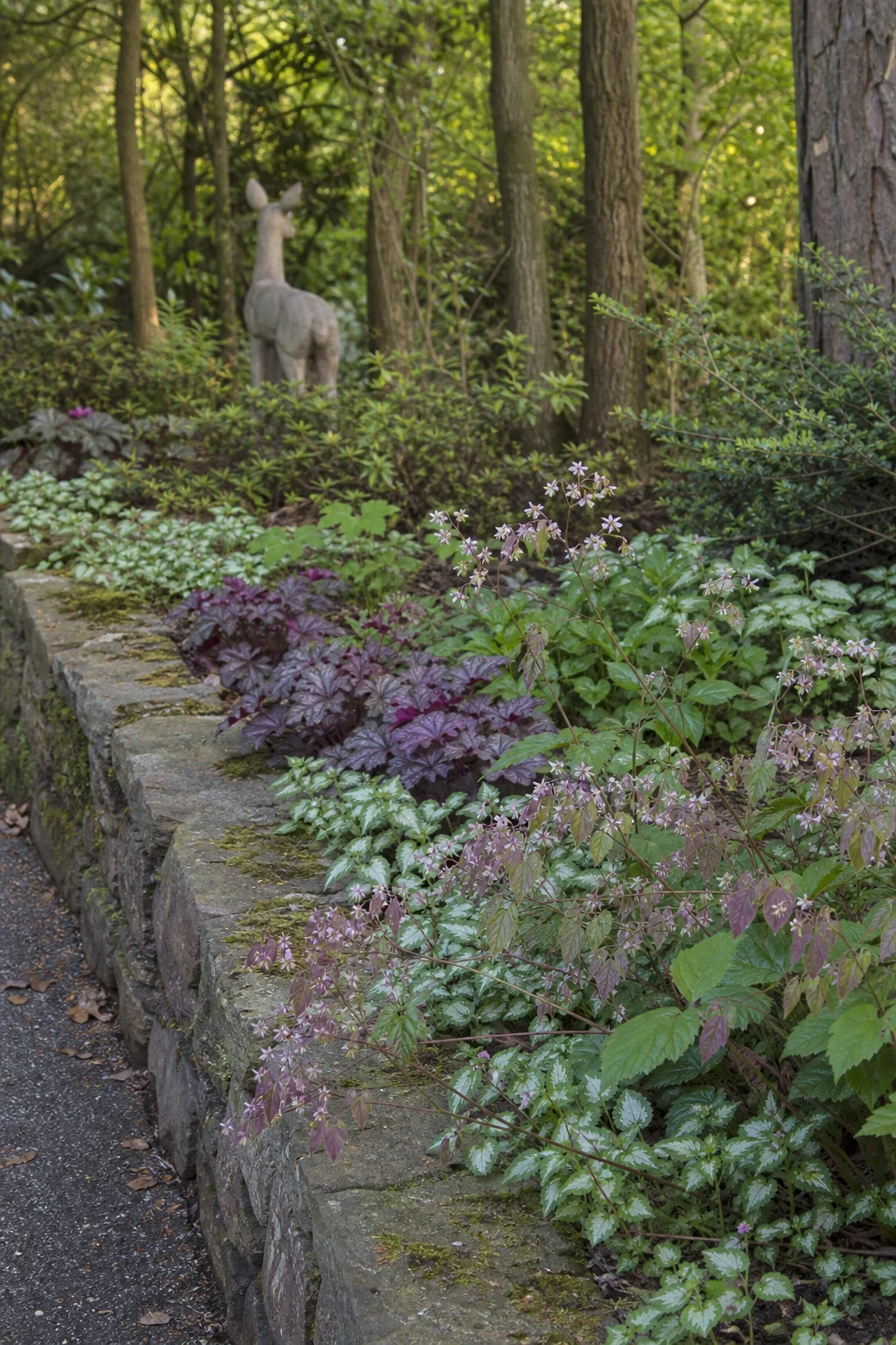 Gartenbeet mit reh-resistenten Schattenstauden — Goldnessel, Purpurglöckchen und Elfenblume — neben einer niedrigen Steinmauer, im Hintergrund Waldrand mit kleiner Rehfigur.