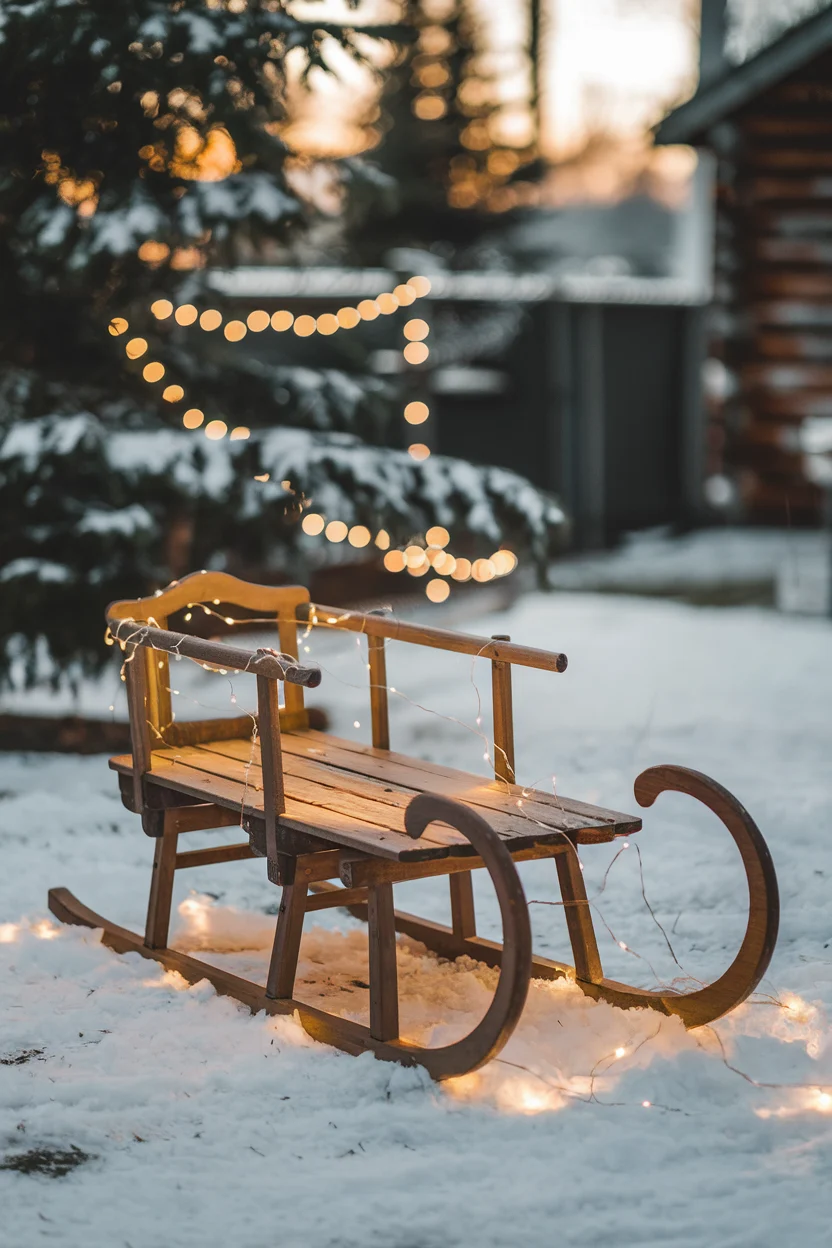 Traditioneller Holzschlitten mit Lichterketten