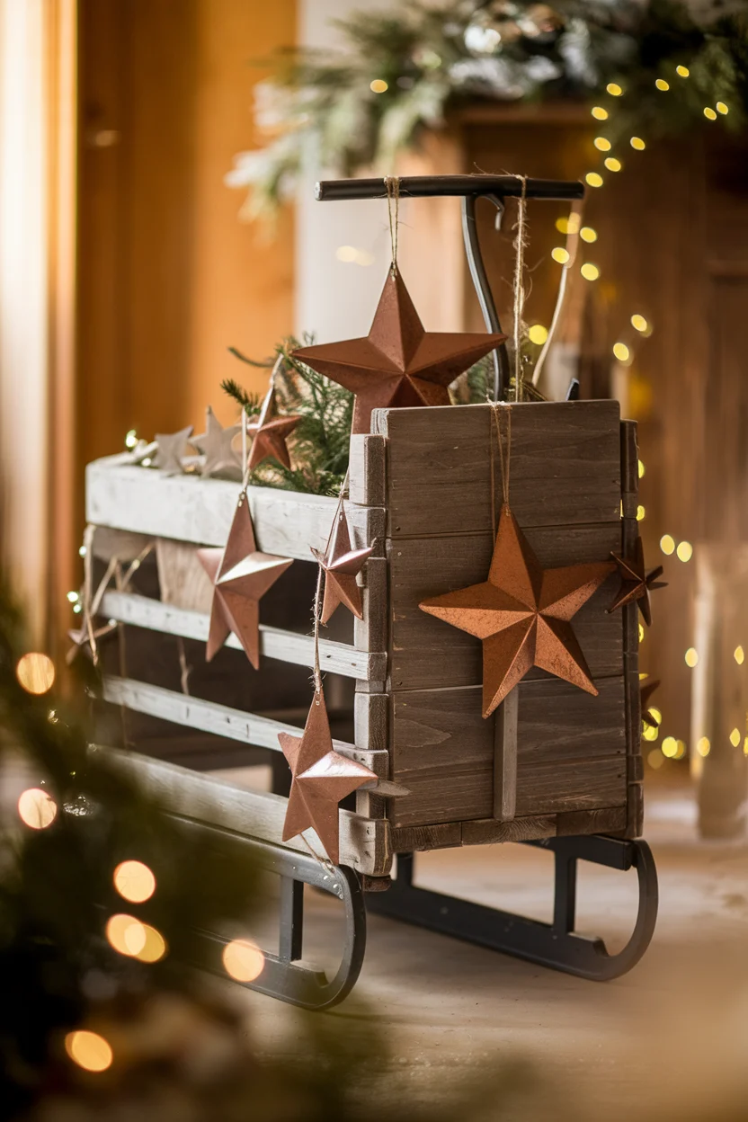 Vintage-Look mit altem Schlitten und Dekosternen