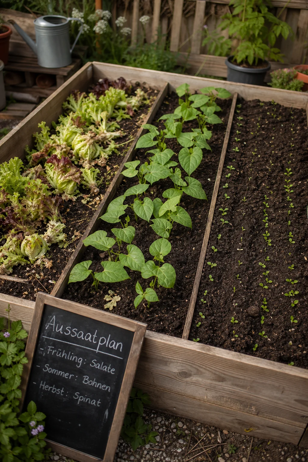 Beet im Garten in drei Sektionen — links abgeerntete Frühlings-Salate, Mitte junge Sommerbohnen, rechts frisch gesäte Herbst-Spinatfläche, dazu eine kleine Tafel mit Aussaatplan in der Ecke.